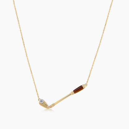 Golf Club Tiger Eye Stone & White Diamond 18K Yellow Gold Pendant Necklace