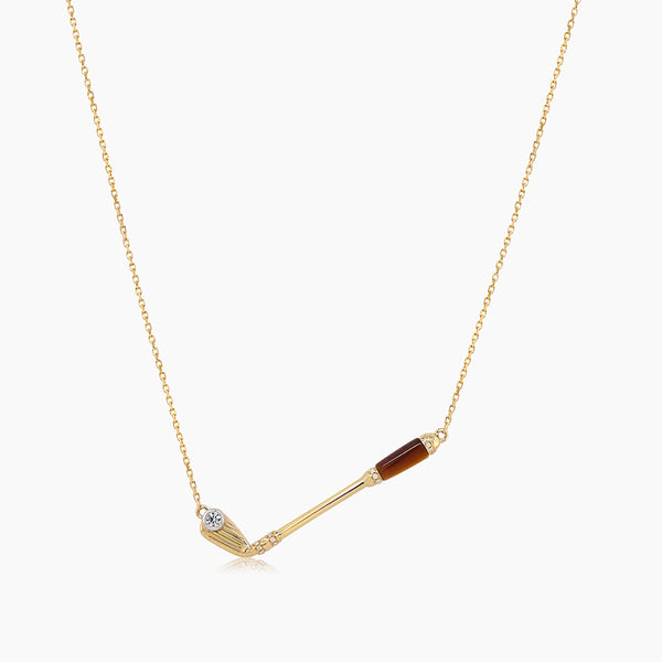 Golf Club Tiger Eye Stone & White Diamond 18K Yellow Gold Pendant Necklace