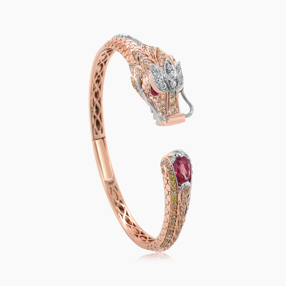 Dragon Diamond Pave & Pink Tourmaline & Ruby 18K Rose & White Gold Animal Ring