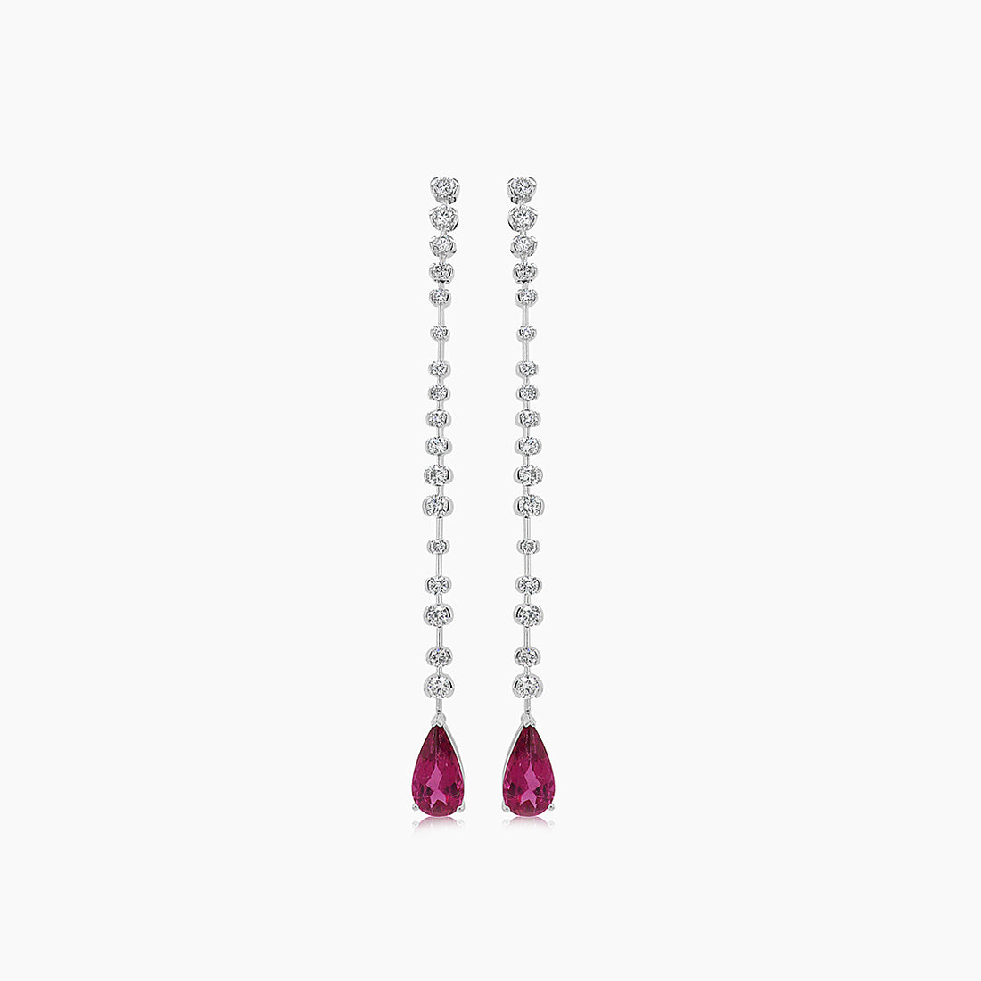 Pear Shape Pink Tourmaline White Diamond 18K White Gold Drop Nova Earrings
