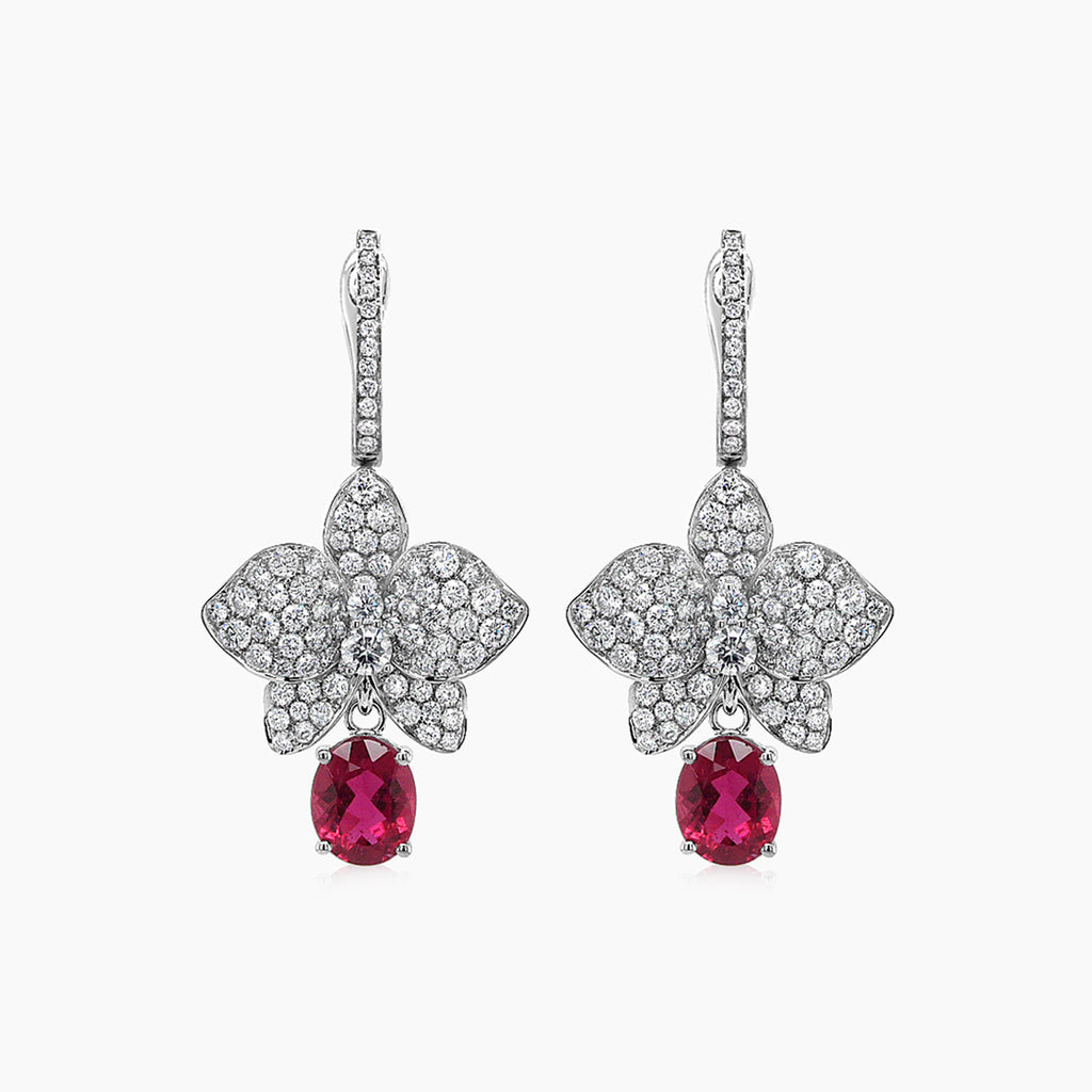 Red Pink Tourmaline & White Diamond Floral Petals Pave 18K White Gold Earrings
