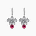 Red Pink Tourmaline & White Diamond Floral Petals Pave 18K White Gold Earrings