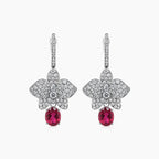 Red Pink Tourmaline & White Diamond Floral Petals Pave 18K White Gold Earrings