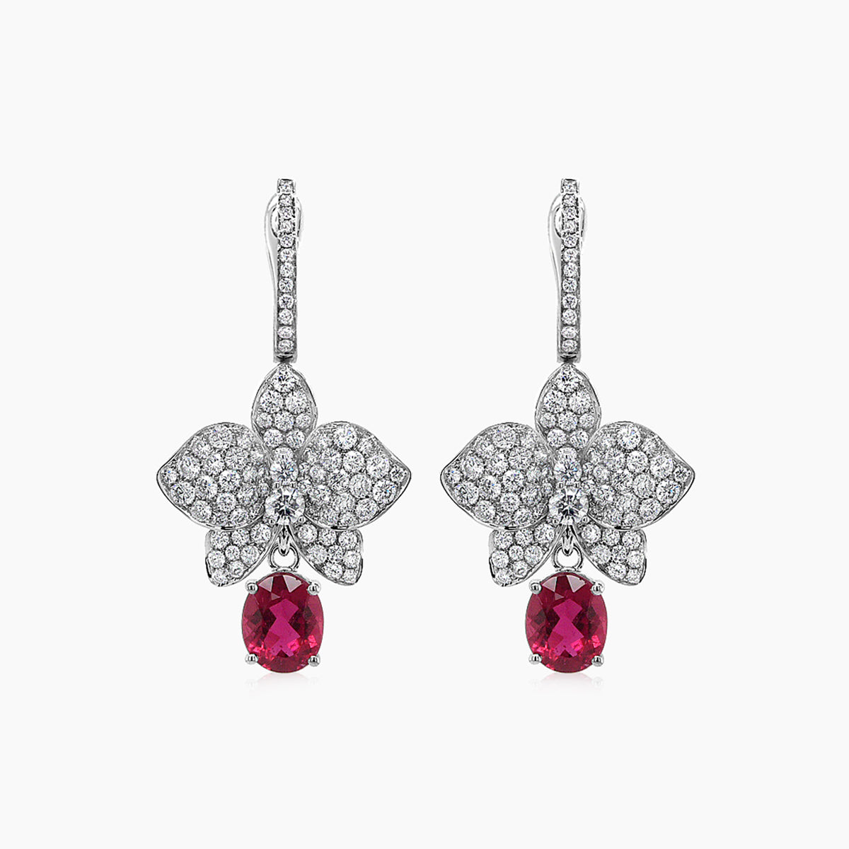 red pink tourmaline & white diamond floral petals pave 18k white gold earrings