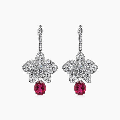 Red Pink Tourmaline & White Diamond Floral Petals Pave 18K White Gold Earrings