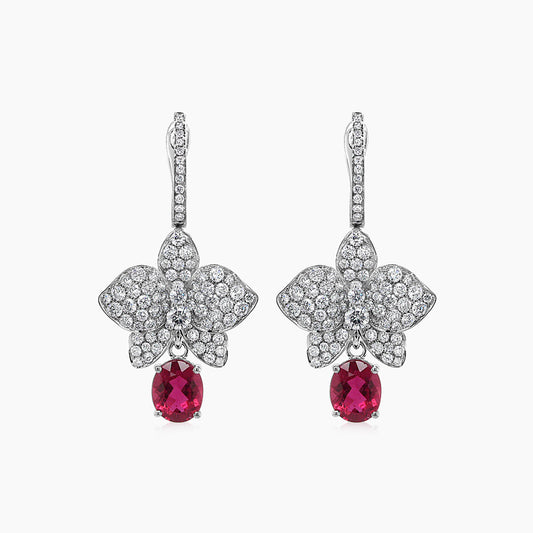 Red Pink Tourmaline & White Diamond Floral Petals Pave 18K White Gold Earrings
