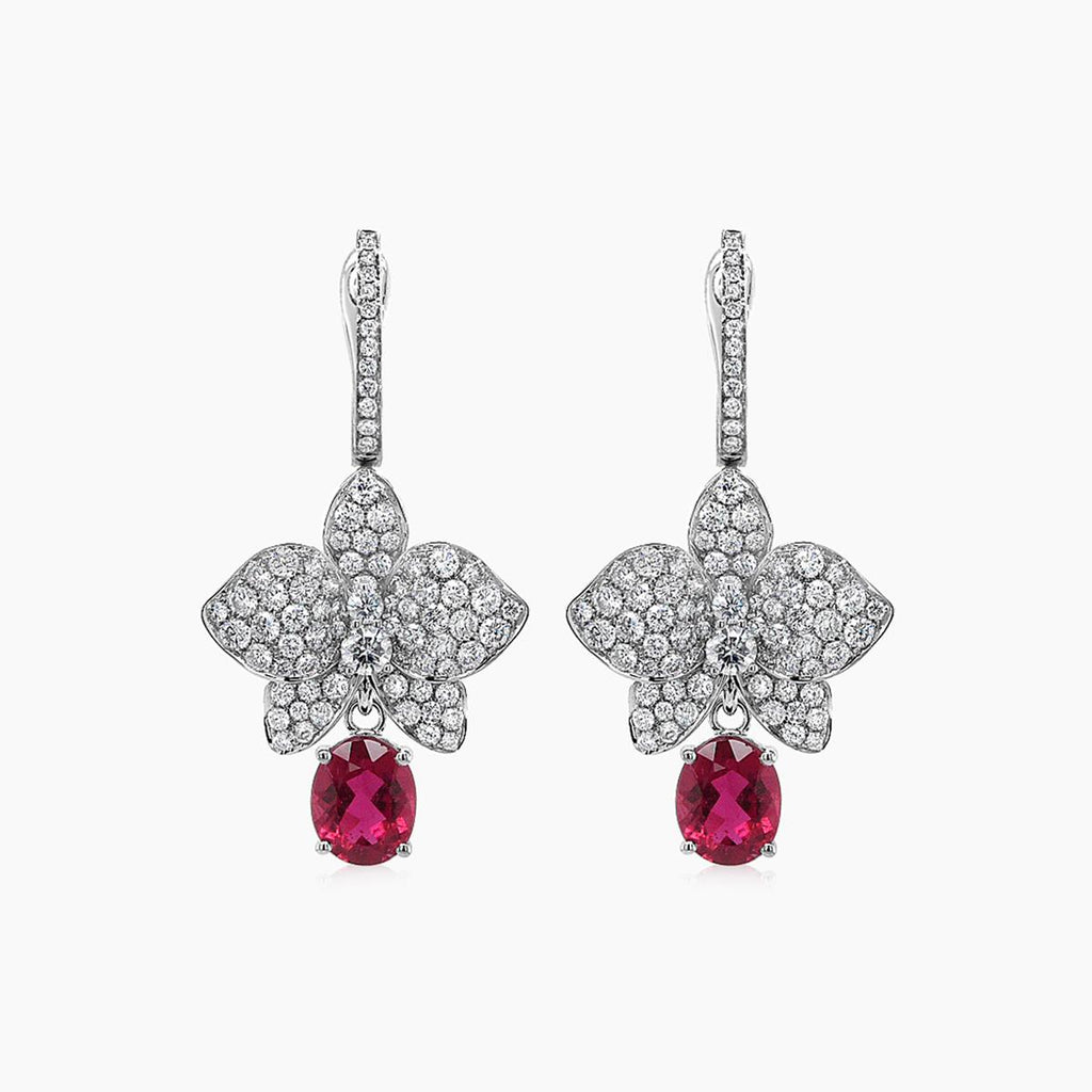 Red Pink Tourmaline & White Diamond Floral Petals Pave 18K White Gold Earrings