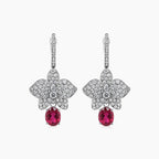 Red Pink Tourmaline & White Diamond Floral Petals Pave 18K White Gold Earrings