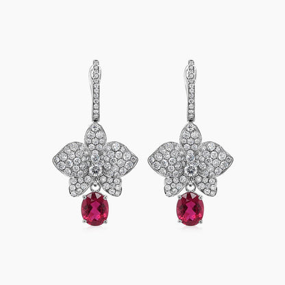 Red Pink Tourmaline & White Diamond Floral Petals Pave 18K White Gold Earrings