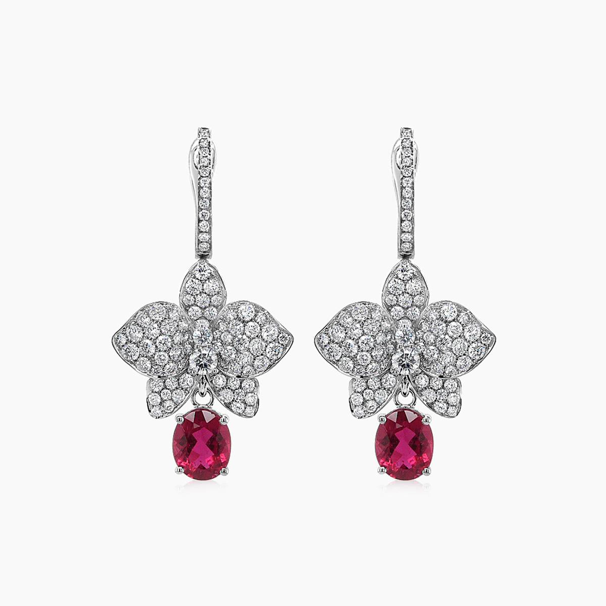 Red Pink Tourmaline & White Diamond Floral Petals Pave 18K White Gold Earrings