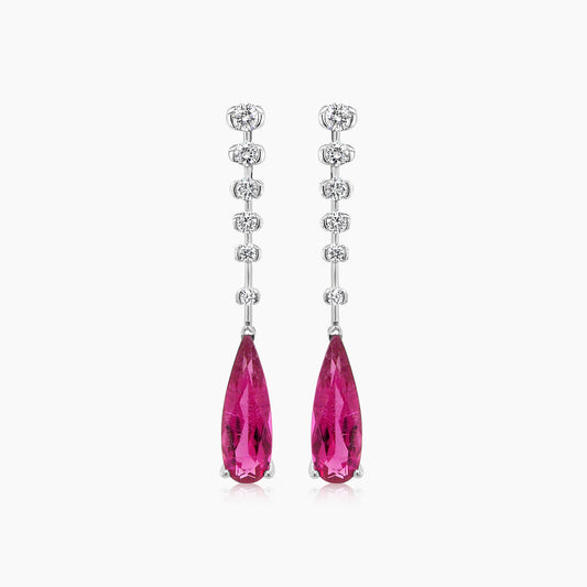 Elongated Pear Shape Pink Tourmaline & White Diamond 18K White Gold Earrings