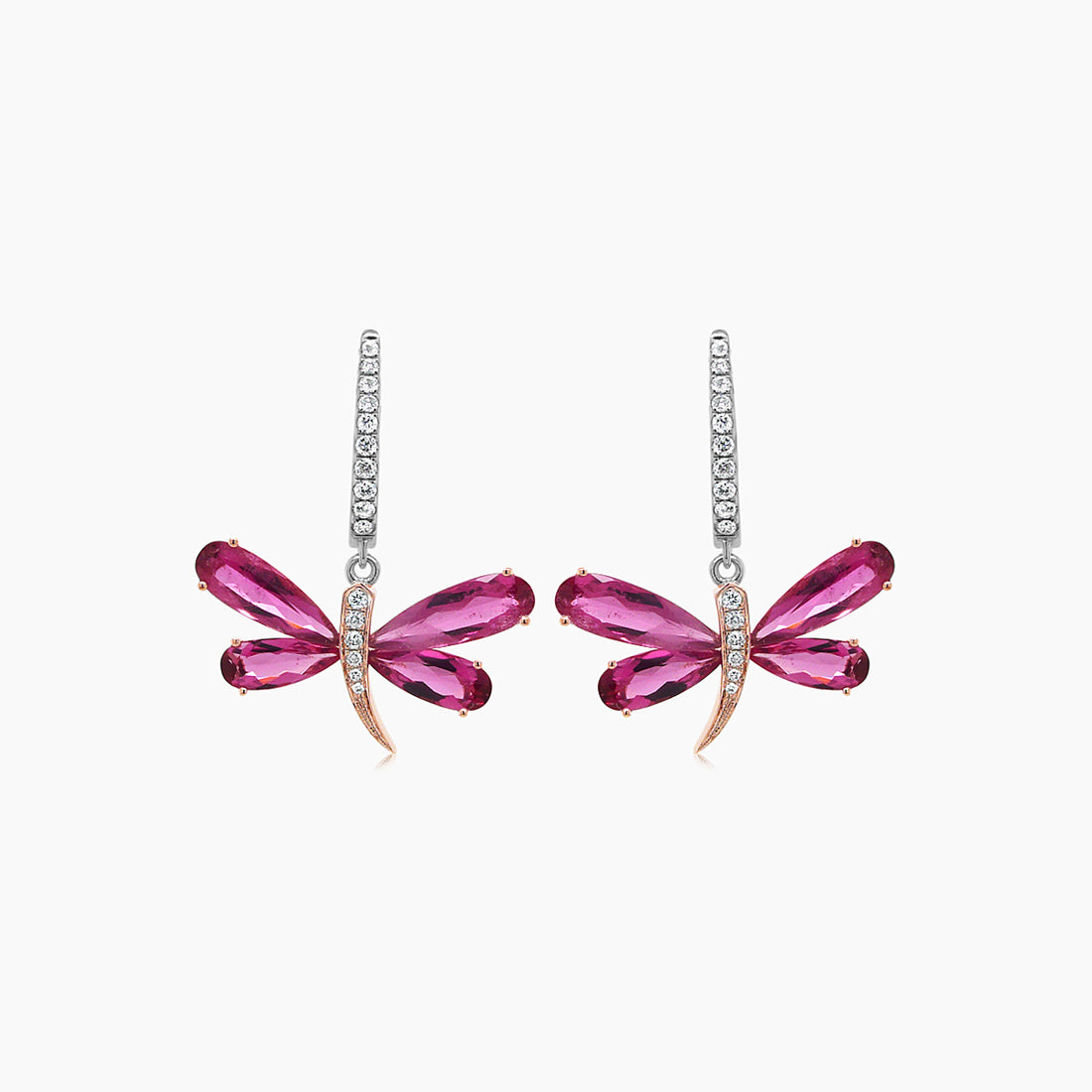 Butterfly Diamond Pave & Pink Tourmaline 18K Rose & White Gold Animal Earrings