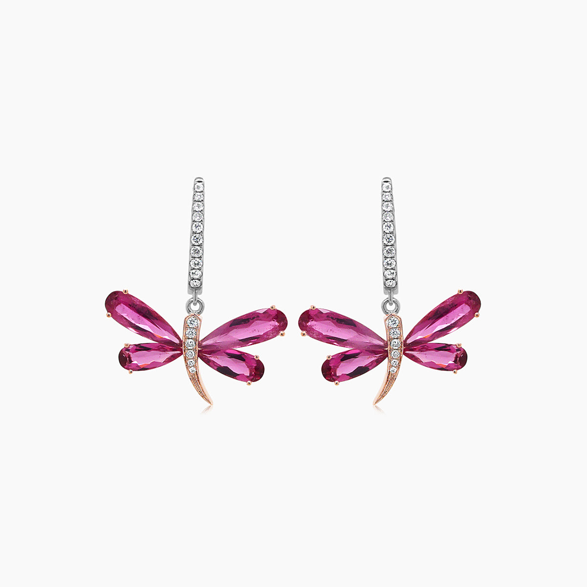 butterfly diamond pave & pink tourmaline 18k rose & white gold animal earrings