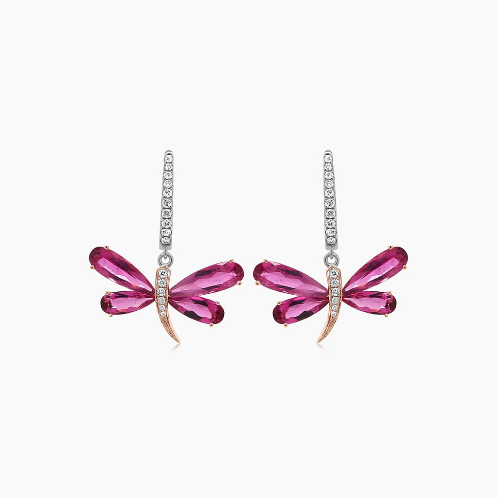 Butterfly Diamond Pave & Pink Tourmaline 18K Rose & White Gold Animal Earrings