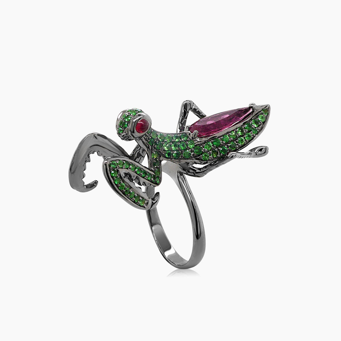 Ruby & Tourmaline & Green Garnet Praying Mantis Bug 18K Black Gold Animal Ring