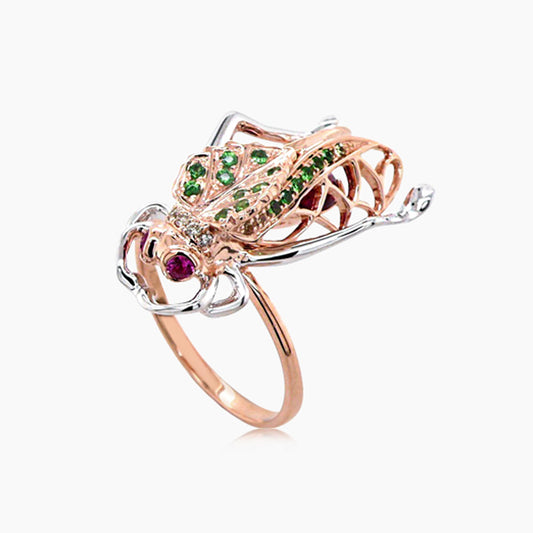 Multicolor Gemstone & Tourmaline Diamond Pave Fly Bug 18K Rose Gold Animal Ring