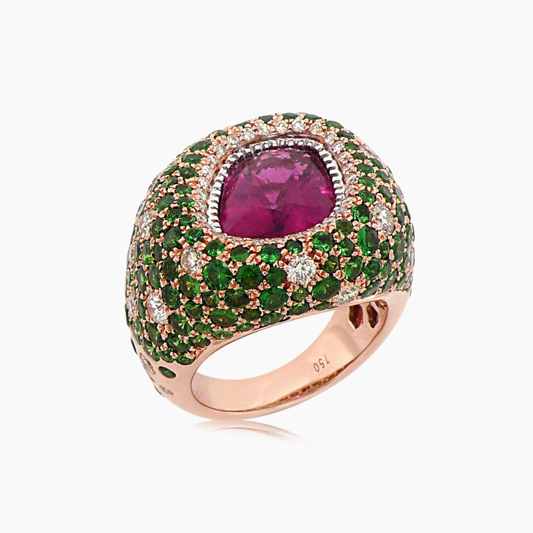 Red Pink Tourmaline & Green Garnet & Diamond Pave Set 18K Rose Gold Ring