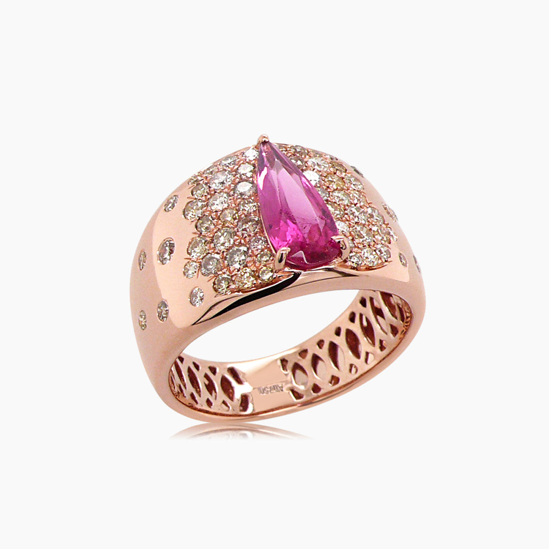Elongated Pear Shape Pink Tourmaline & Fancy Diamond Flush 18K Rose Gold Ring