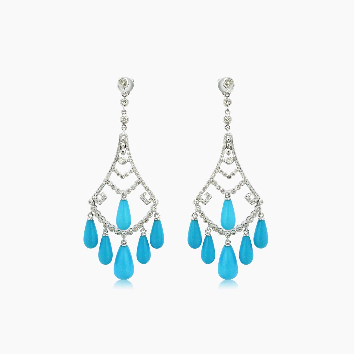 blue turquoise fancy diamond & white diamond 18k white gold chandelier earrings