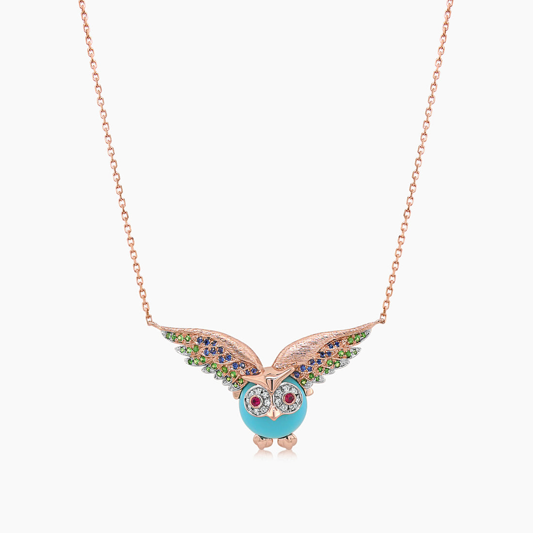 Owl Bird Turquoise Diamond Sapphire Garnet & Ruby 18K Rose Gold Pendant Necklace