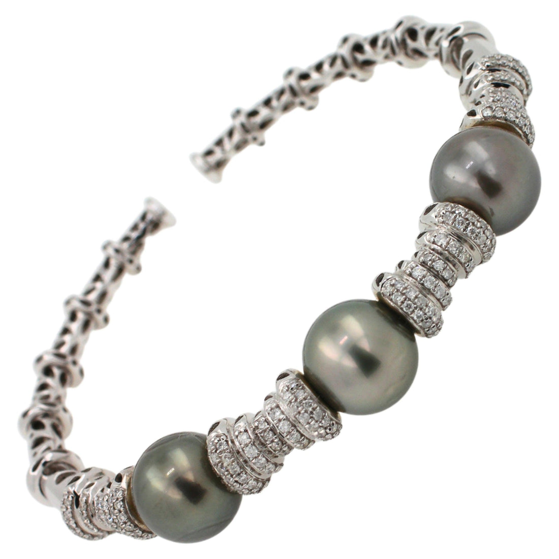 Tahitian Black Dark Grey Pearl Diamond Pave Set White Gold Bangle Cuff Bracelet