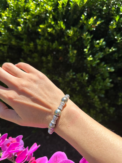 Tahitian Black Dark Grey Pearl Diamond Pave Set White Gold Bangle Cuff Bracelet