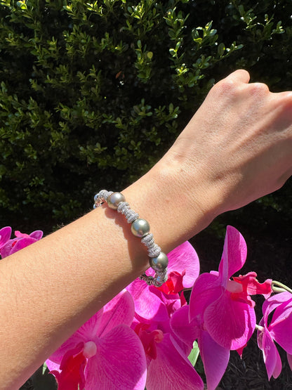 Tahitian Black Dark Grey Pearl Diamond Pave Set White Gold Bangle Cuff Bracelet