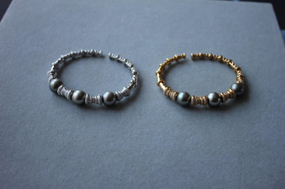Tahitian Black Dark Grey Pearl Diamond Pave Set White Gold Bangle Cuff Bracelet
