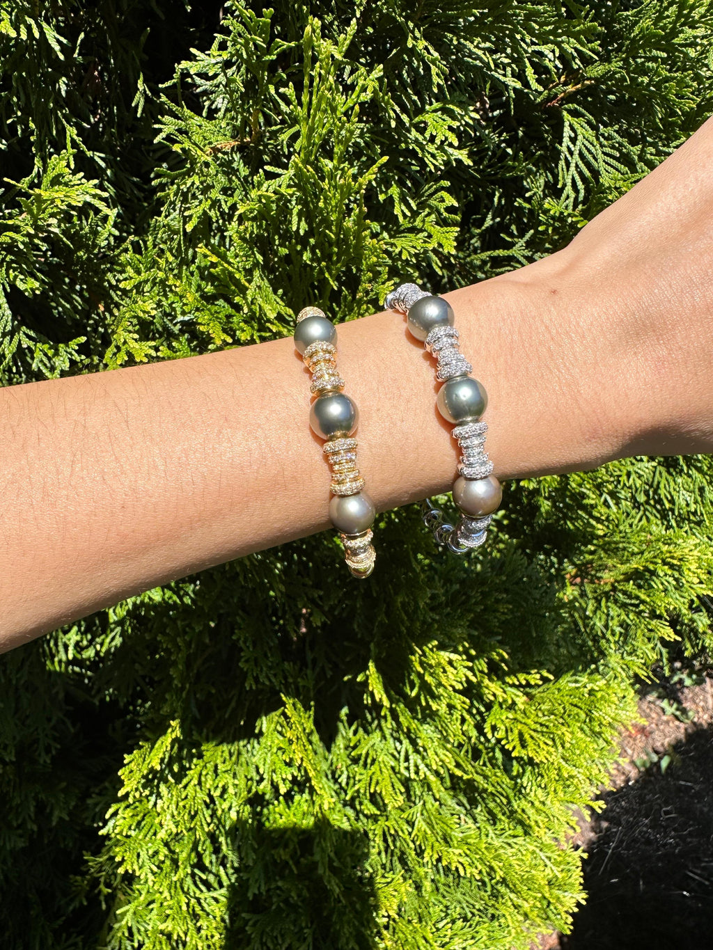 Tahitian Black Dark Grey Pearl Diamond Pave Set Yellow Gold Bangle Cuff Bracelet