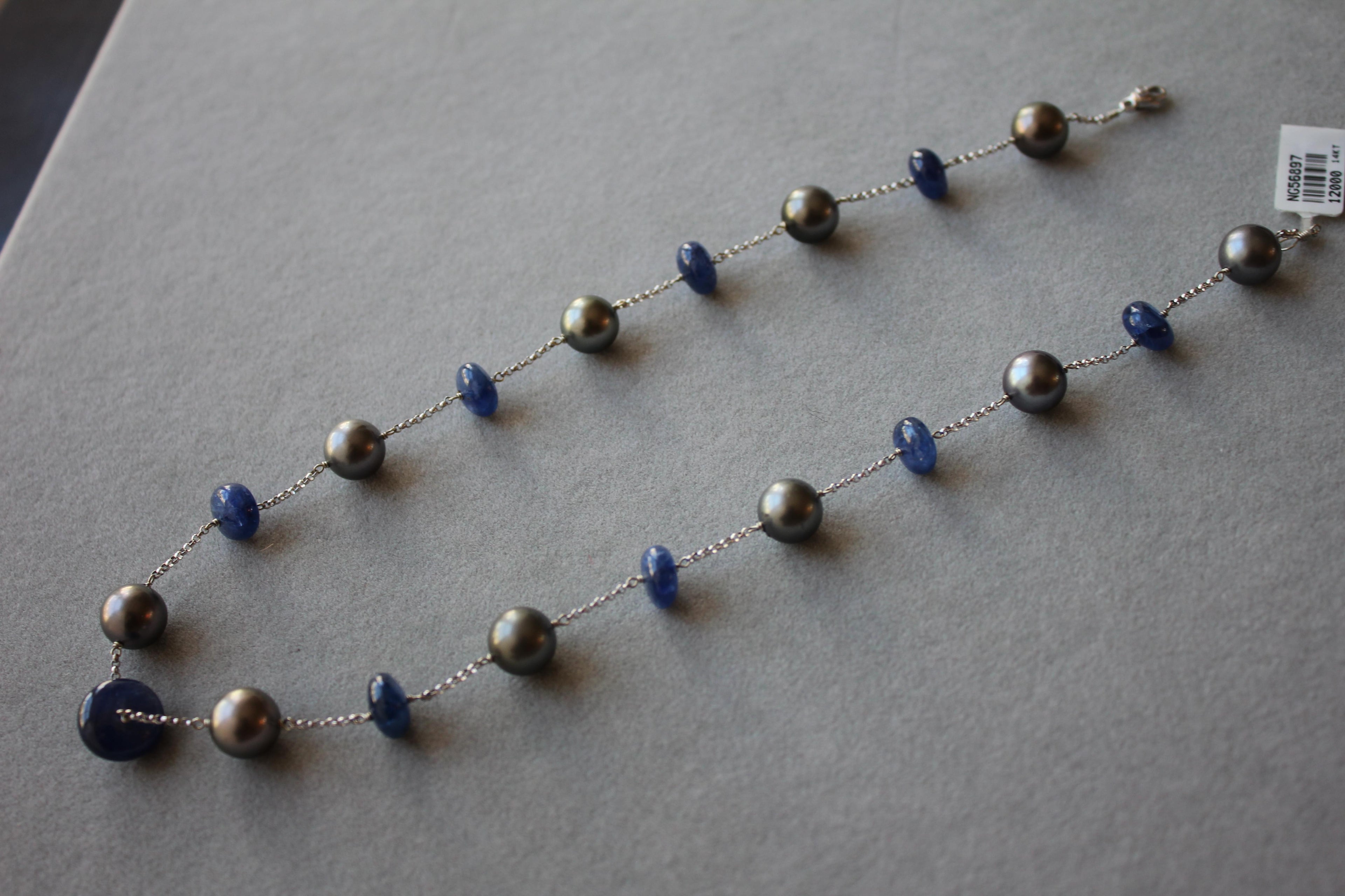 Tahitian Silver Grey Black Pearl Blue Sapphire Bead White Gold Chain Necklace