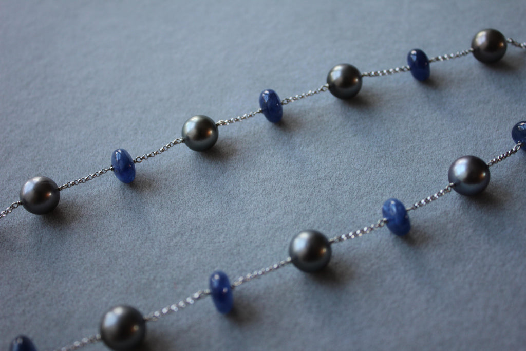 Tahitian Silver Grey Black Pearl Blue Sapphire Bead White Gold Chain Necklace