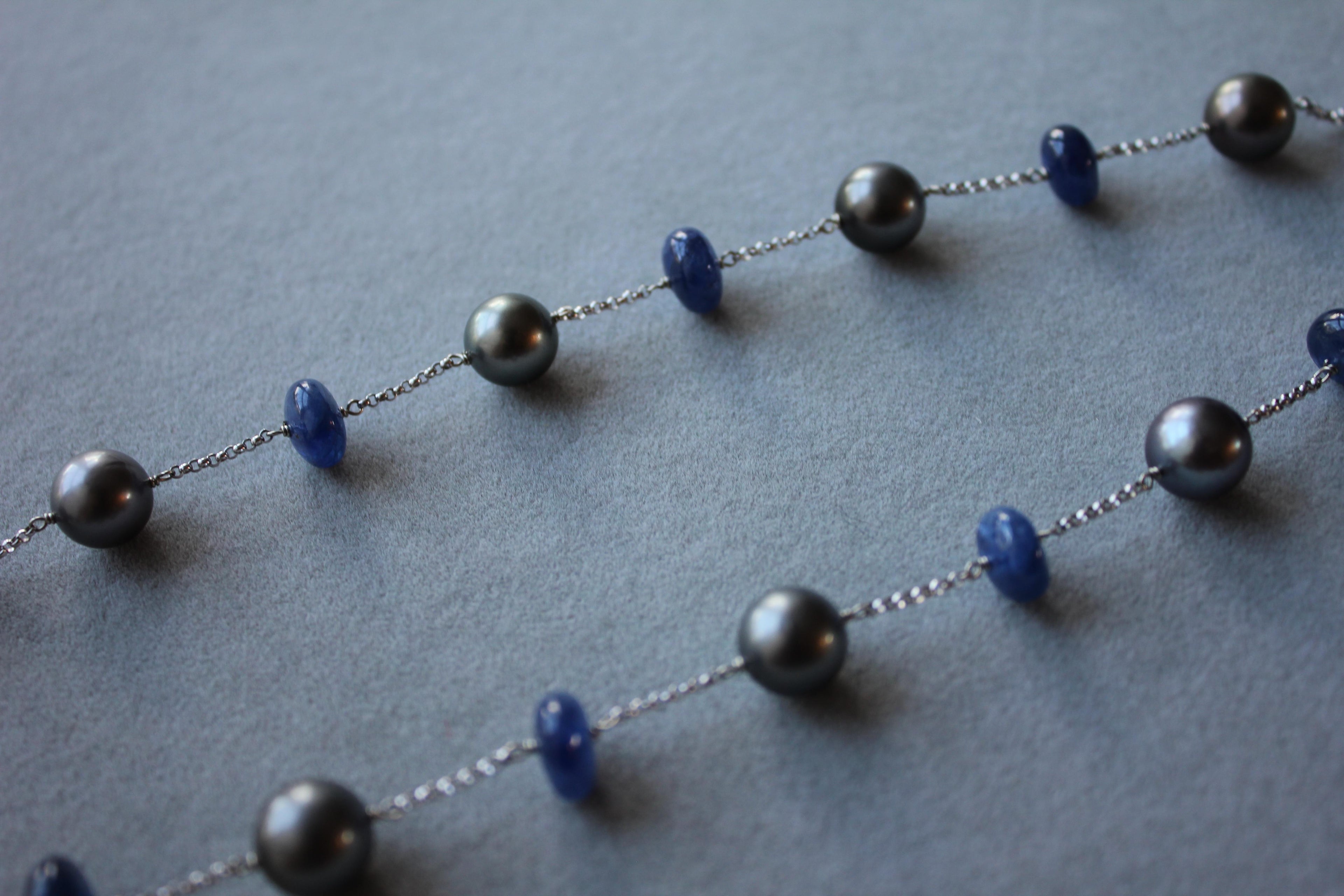 Tahitian Silver Grey Black Pearl Blue Sapphire Bead White Gold Chain Necklace