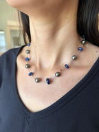Tahitian Silver Grey Black Pearl Blue Sapphire Bead White Gold Chain Necklace
