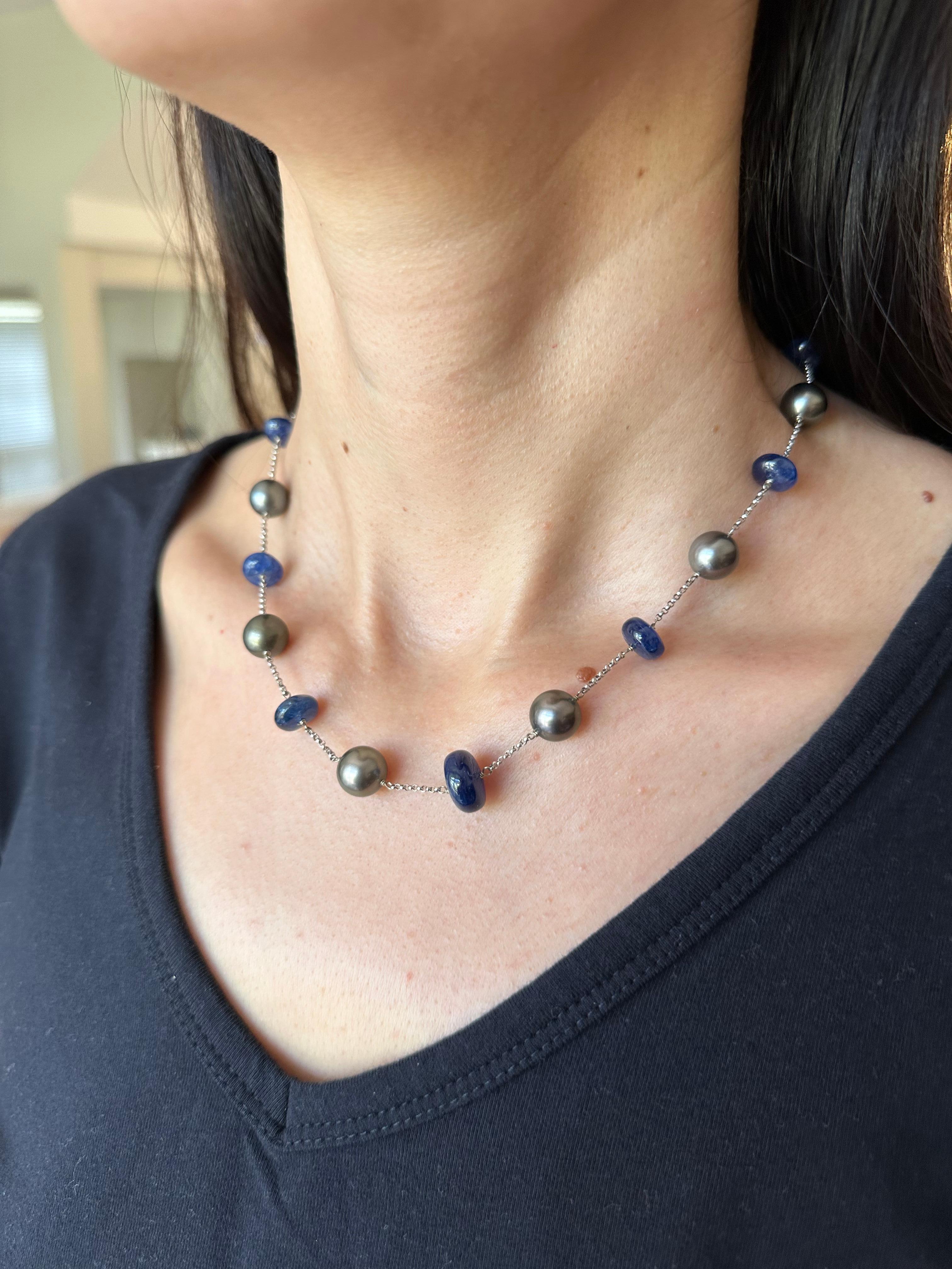 Tahitian Silver Grey Black Pearl Blue Sapphire Bead White Gold Chain Necklace