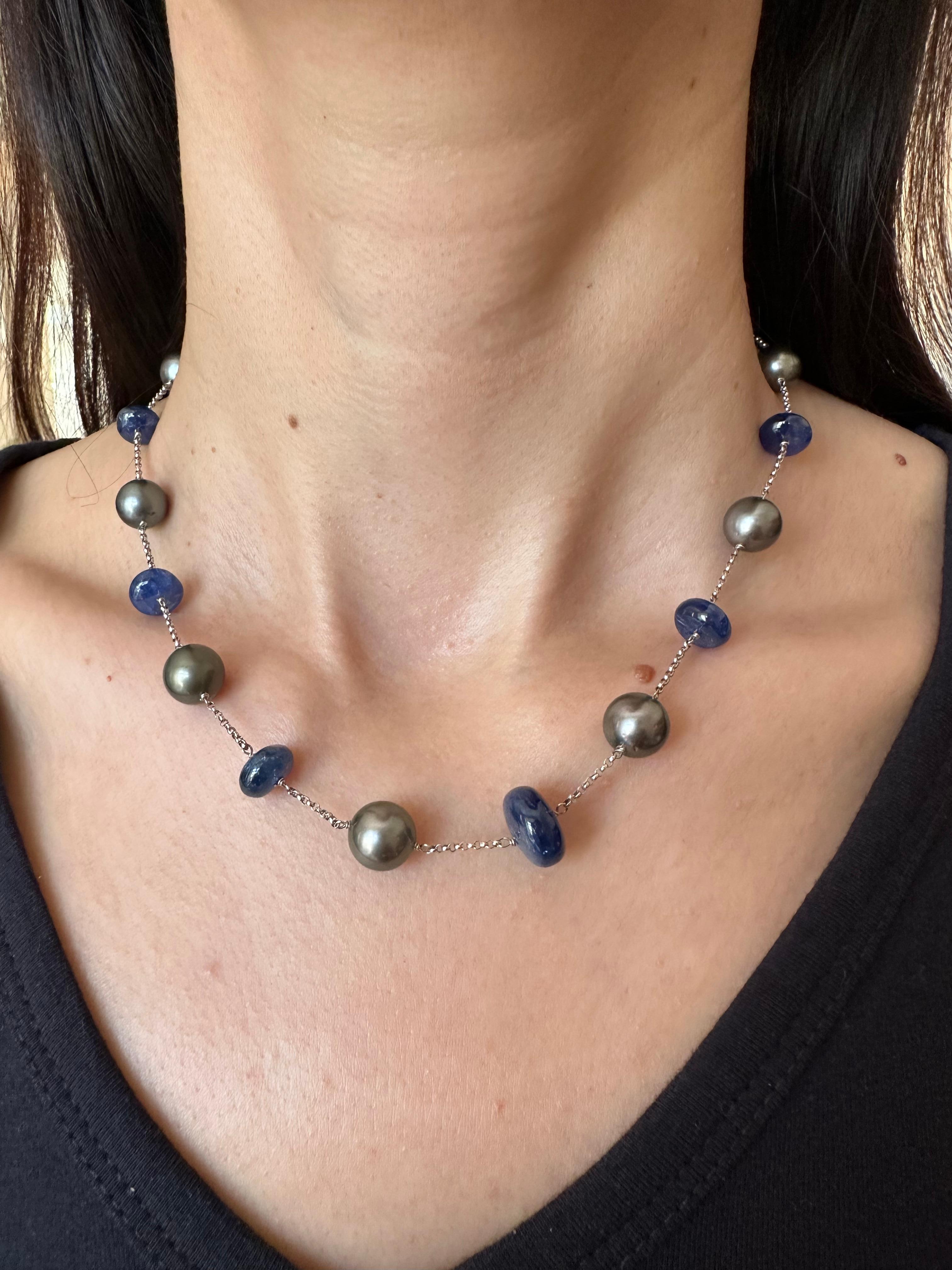 Tahitian Silver Grey Black Pearl Blue Sapphire Bead White Gold Chain Necklace
