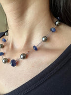 Tahitian Silver Grey Black Pearl Blue Sapphire Bead White Gold Chain Necklace