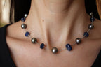 Tahitian Silver Grey Black Pearl Blue Sapphire Bead White Gold Chain Necklace