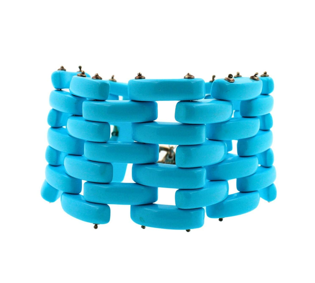 Teal Blue Turquoise Fancy Cabochon Elongated Link Wide Unique Statement Bracelet