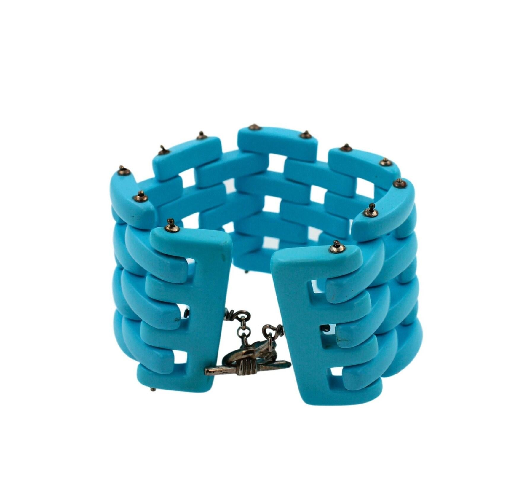 Teal Blue Turquoise Fancy Cabochon Elongated Link Wide Unique Statement Bracelet