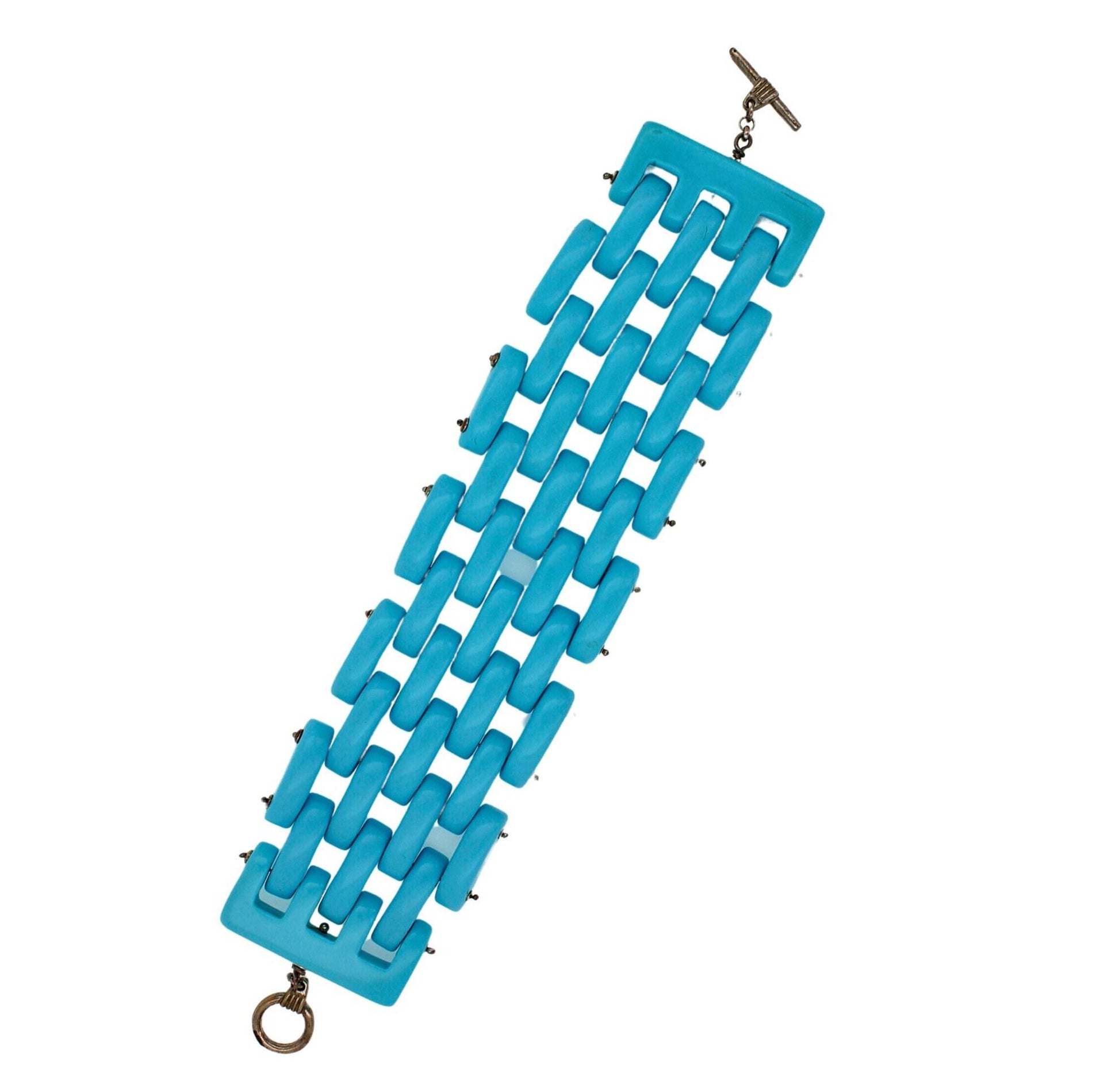 Teal Blue Turquoise Fancy Cabochon Elongated Link Wide Unique Statement Bracelet