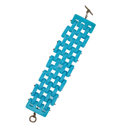 Teal Blue Turquoise Fancy Cabochon Elongated Link Wide Unique Statement Bracelet