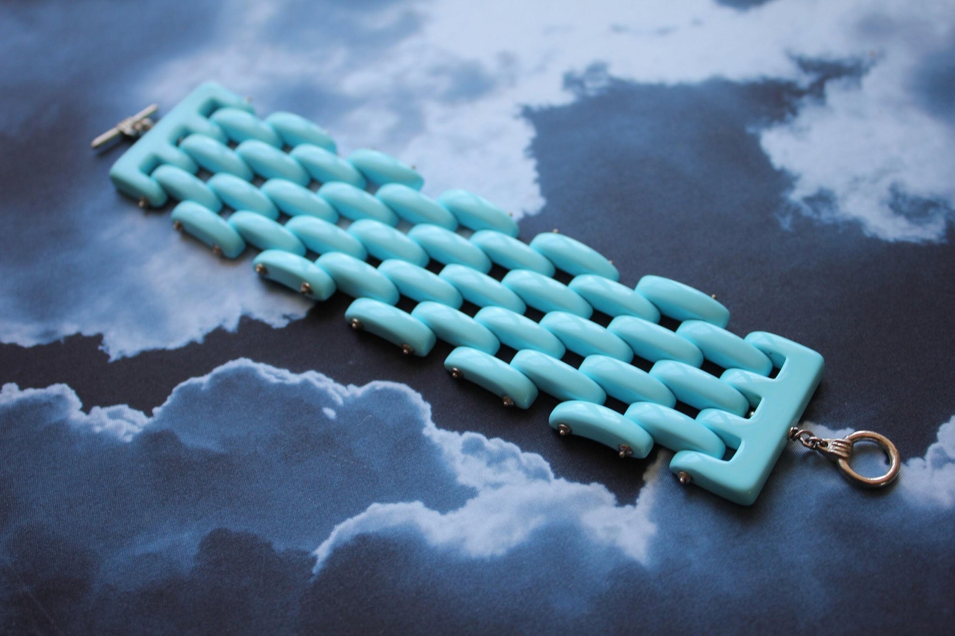 Teal Blue Turquoise Fancy Cabochon Elongated Link Wide Unique Statement Bracelet