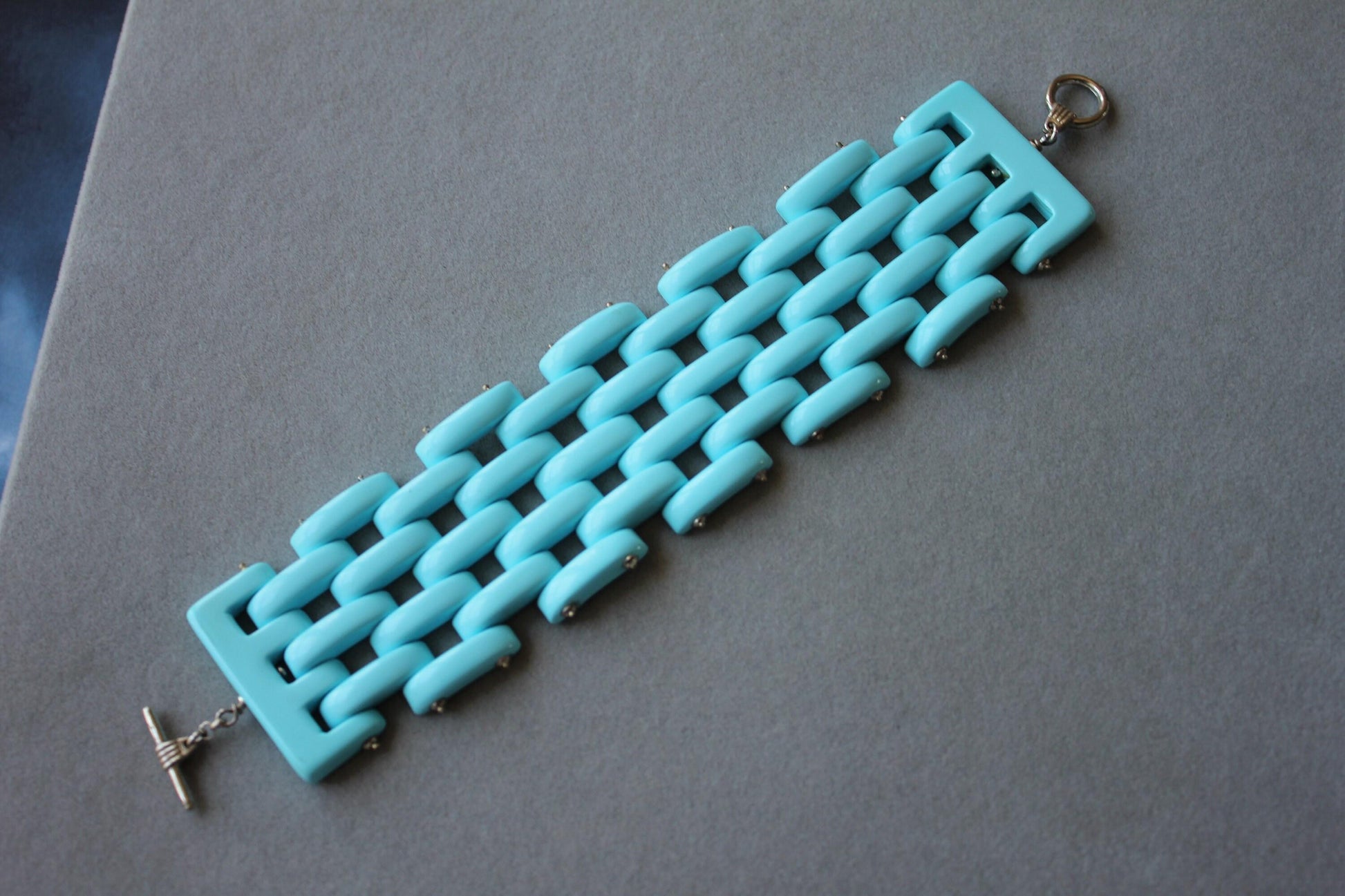 Teal Blue Turquoise Fancy Cabochon Elongated Link Wide Unique Statement Bracelet