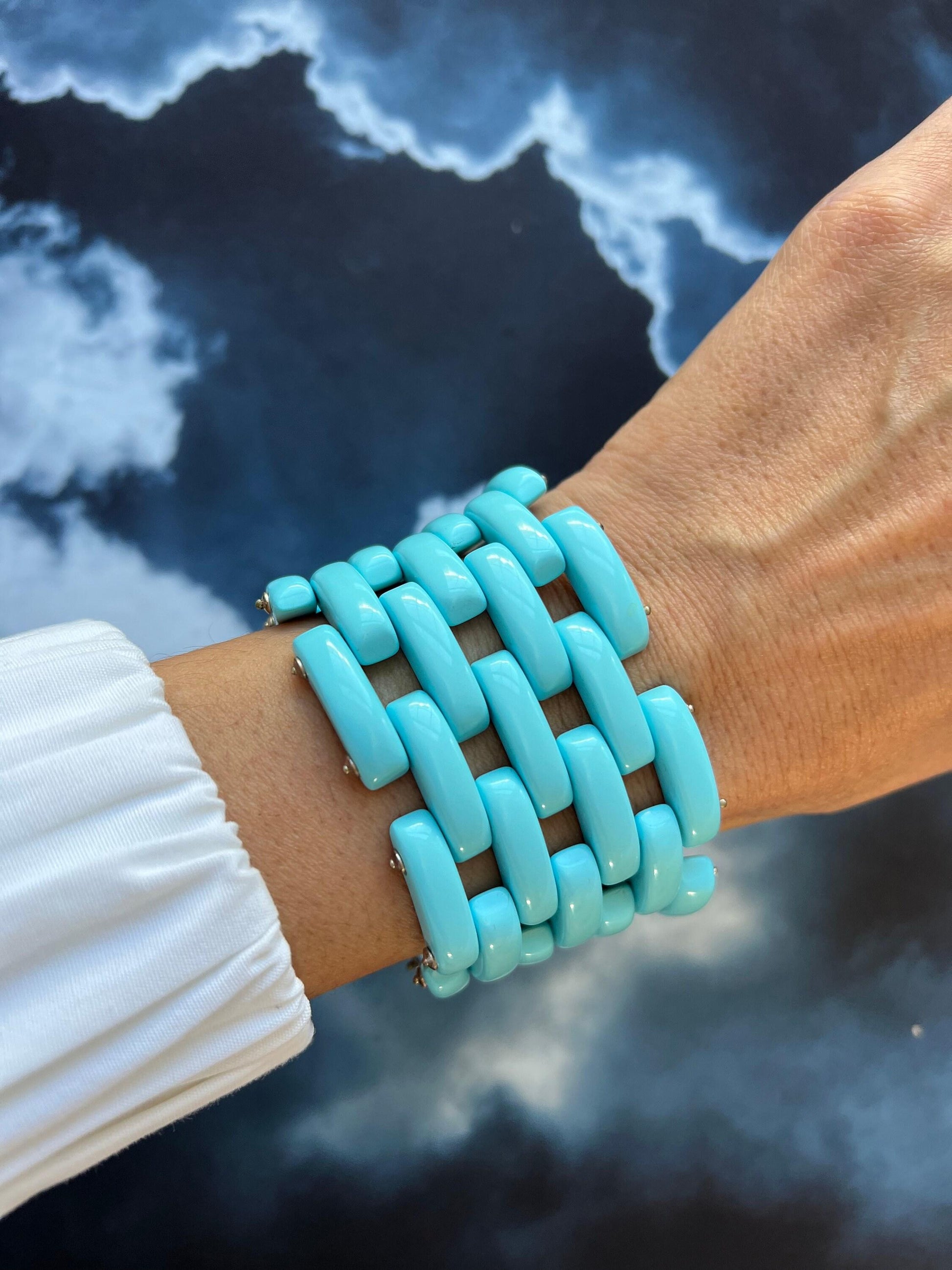 Teal Blue Turquoise Fancy Cabochon Elongated Link Wide Unique Statement Bracelet