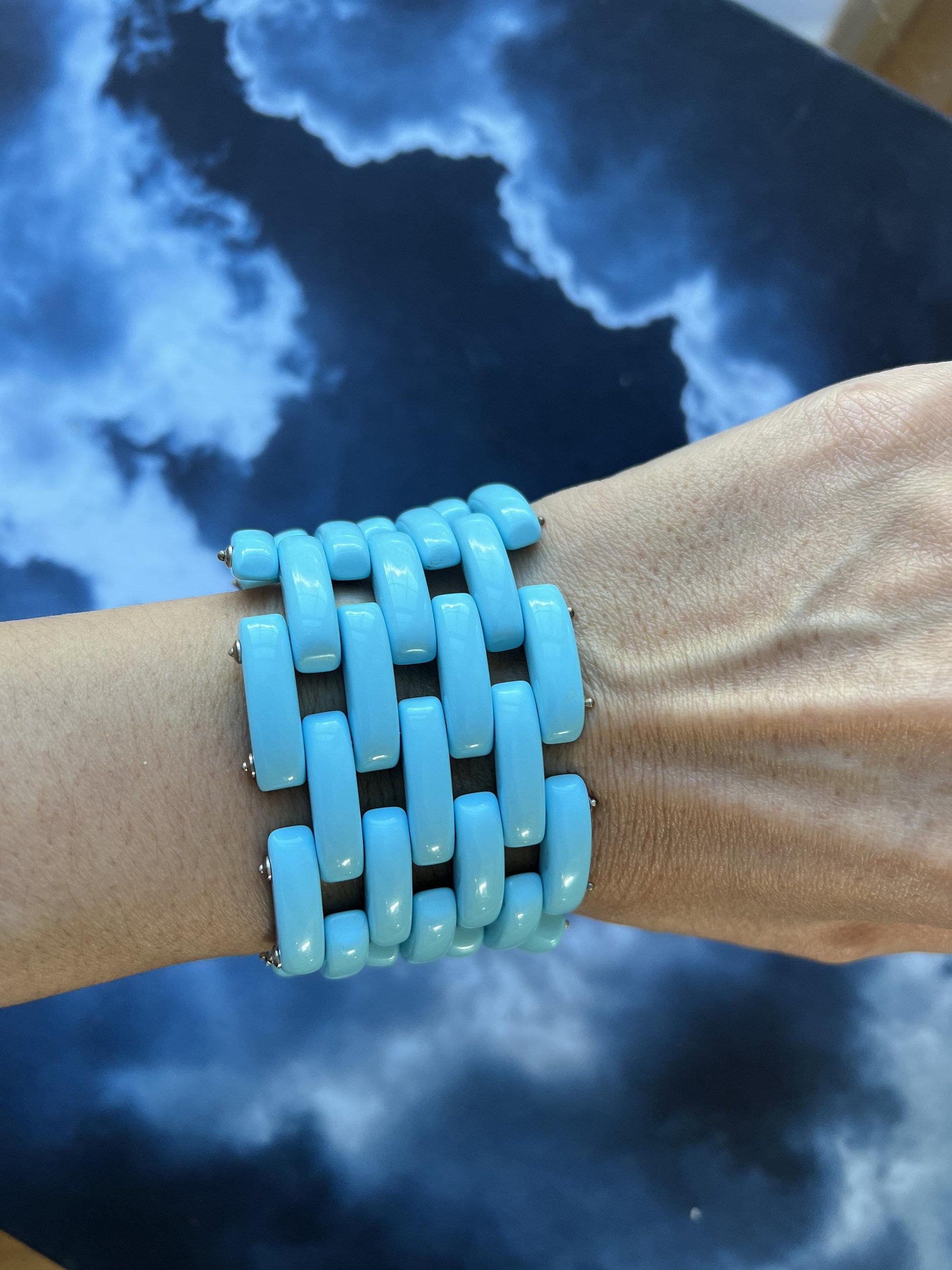 Teal Blue Turquoise Fancy Cabochon Elongated Link Wide Unique Statement Bracelet