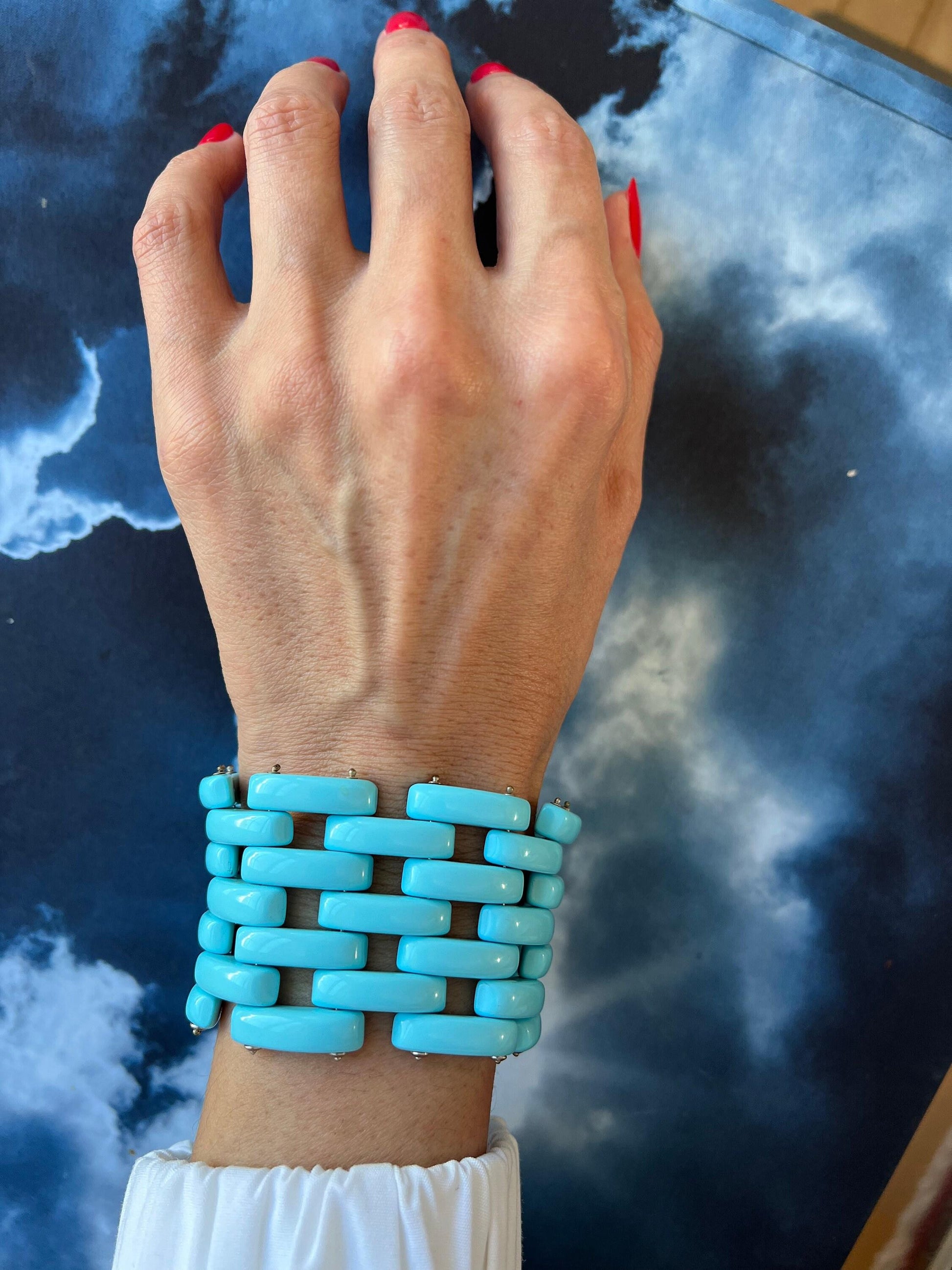 Teal Blue Turquoise Fancy Cabochon Elongated Link Wide Unique Statement Bracelet