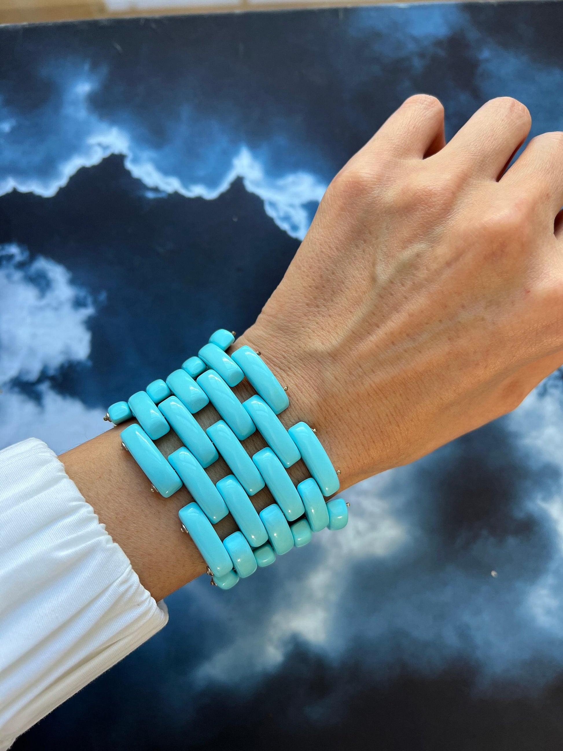 Teal Blue Turquoise Fancy Cabochon Elongated Link Wide Unique Statement Bracelet