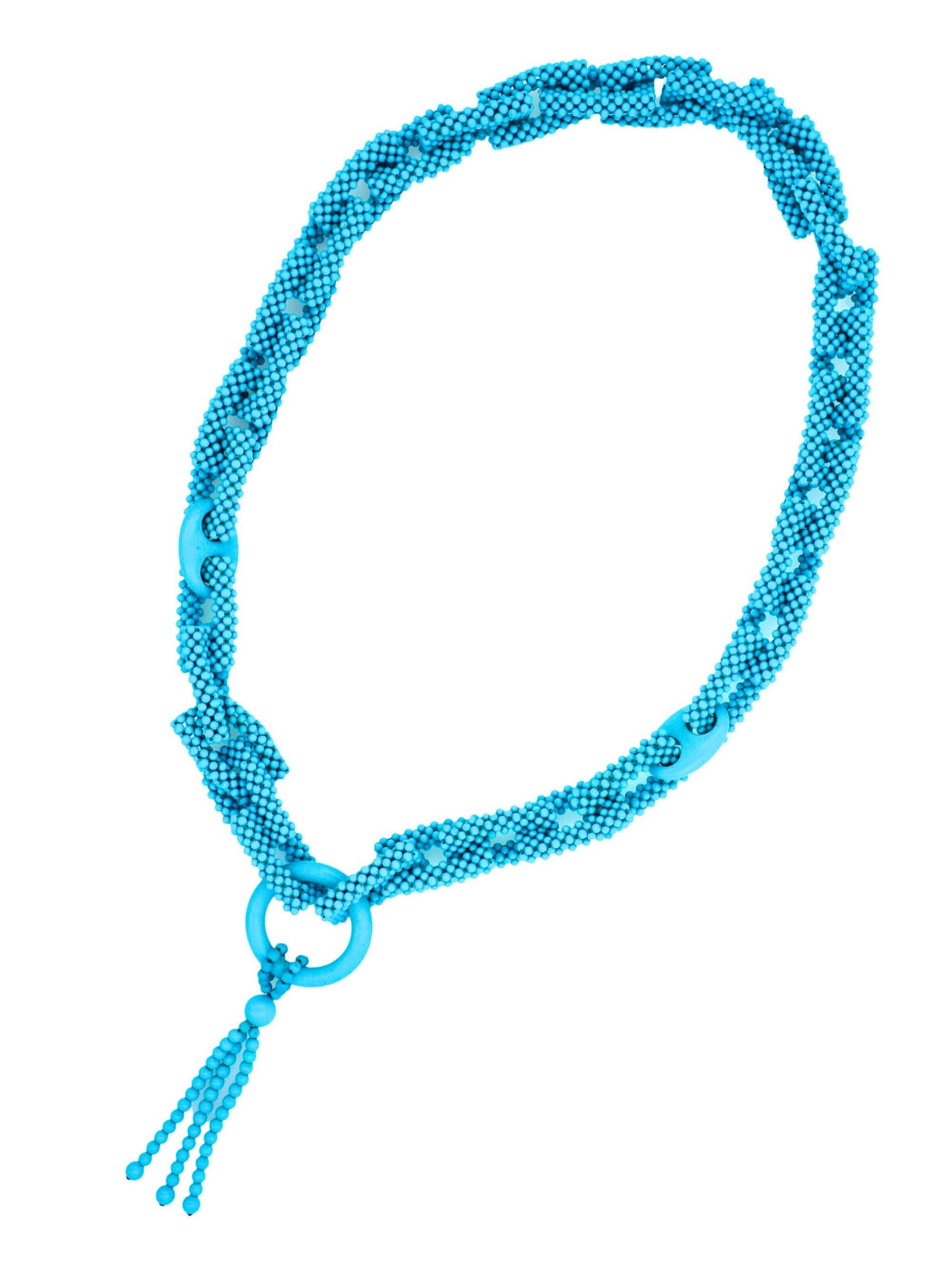 Teal Blue Turquoise Round Fancy Beads Long Tie Unique Tassel Statement Necklace