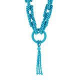 Teal Blue Turquoise Round Fancy Beads Long Tie Unique Tassel Statement Necklace