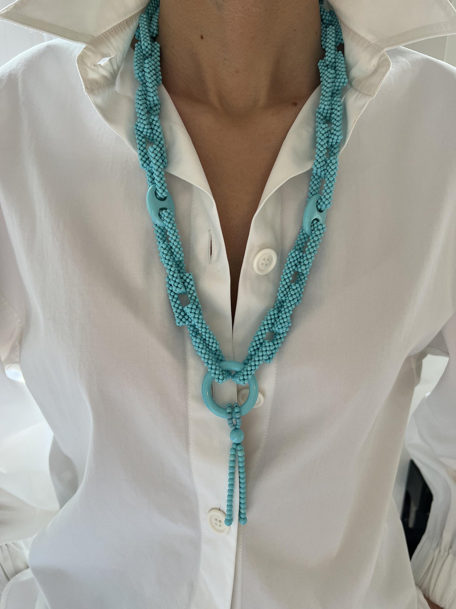 Teal Blue Turquoise Round Fancy Beads Long Tie Unique Tassel Statement Necklace